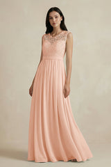 Lace Chiffon A - Line Round Neck Bridesmaid Dress in English Rose - KissProm Bridesmaid Dresses