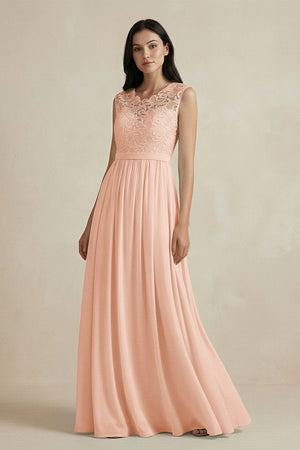 Lace Chiffon A - Line Round Neck Bridesmaid Dress in English Rose - KissProm Bridesmaid Dresses