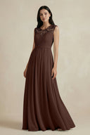 Lace Chiffon A - Line Round Neck Bridesmaid Dress in Espresso - KissProm Bridesmaid Dresses