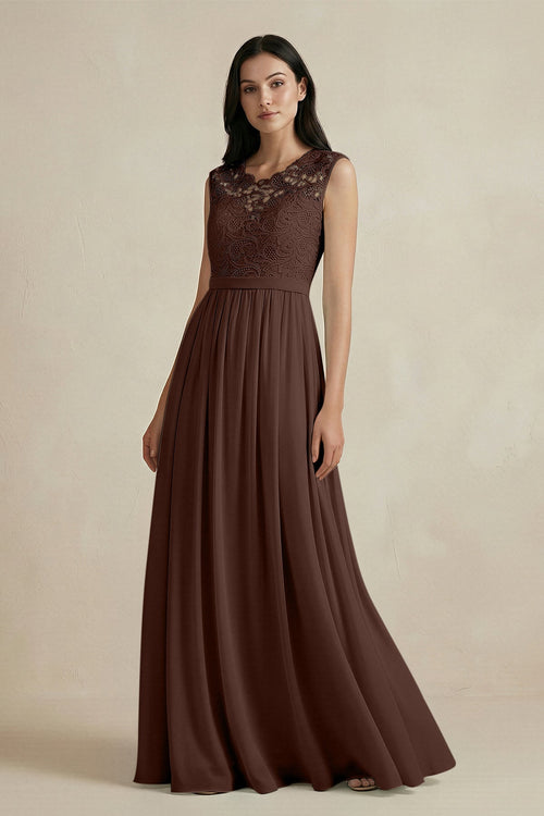 Lace Chiffon A - Line Round Neck Bridesmaid Dress in Espresso - KissProm Bridesmaid Dresses