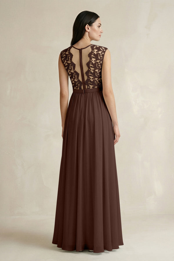 Lace Chiffon A - Line Round Neck Bridesmaid Dress in Espresso - KissProm Bridesmaid Dresses