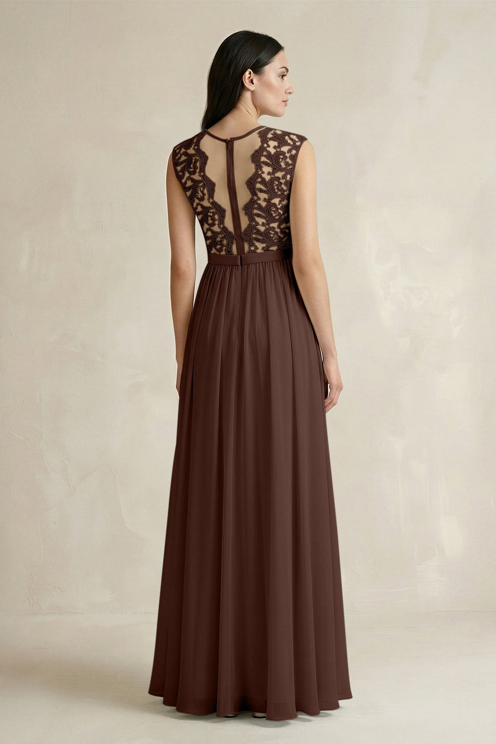 Lace Chiffon A - Line Round Neck Bridesmaid Dress in Espresso - KissProm Bridesmaid Dresses