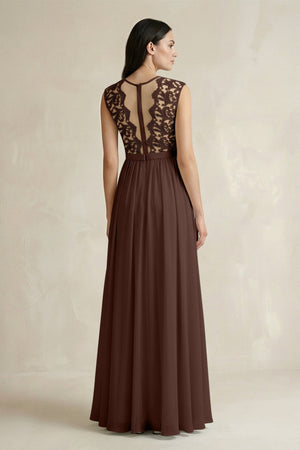 Lace Chiffon A - Line Round Neck Bridesmaid Dress in Espresso - KissProm Bridesmaid Dresses
