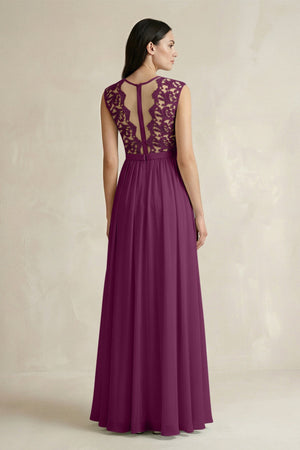 Lace Chiffon A - Line Round Neck Bridesmaid Dress in Fig - KissProm Bridesmaid Dresses