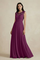 Lace Chiffon A - Line Round Neck Bridesmaid Dress in Fig - KissProm Bridesmaid Dresses