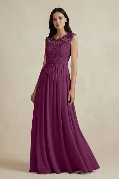 Lace Chiffon A - Line Round Neck Bridesmaid Dress in Fig - KissProm Bridesmaid Dresses