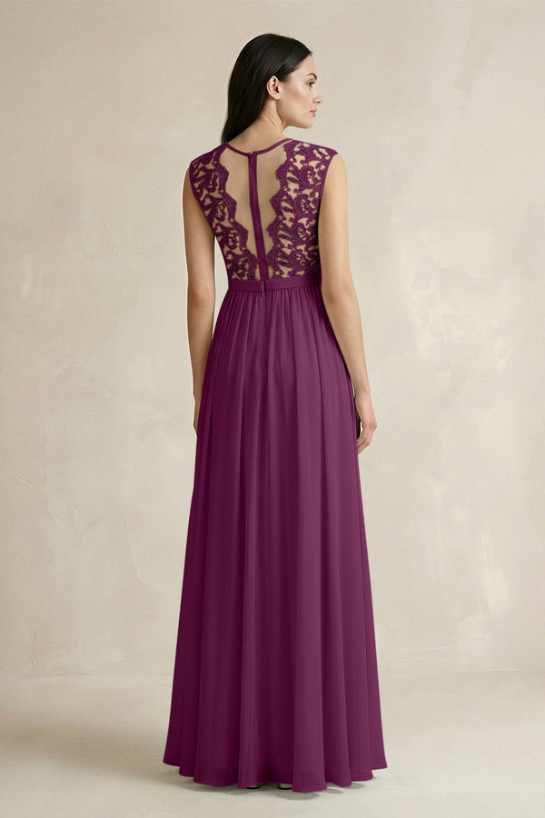 Lace Chiffon A - Line Round Neck Bridesmaid Dress in Fig - KissProm Bridesmaid Dresses