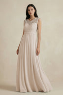 Lace Chiffon A - Line Round Neck Bridesmaid Dress in Frost - KissProm Bridesmaid Dresses