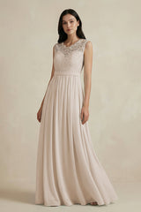 Lace Chiffon A - Line Round Neck Bridesmaid Dress in Frost - KissProm Bridesmaid Dresses