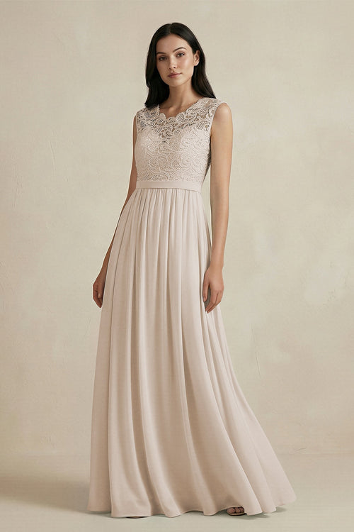Lace Chiffon A - Line Round Neck Bridesmaid Dress in Frost - KissProm Bridesmaid Dresses