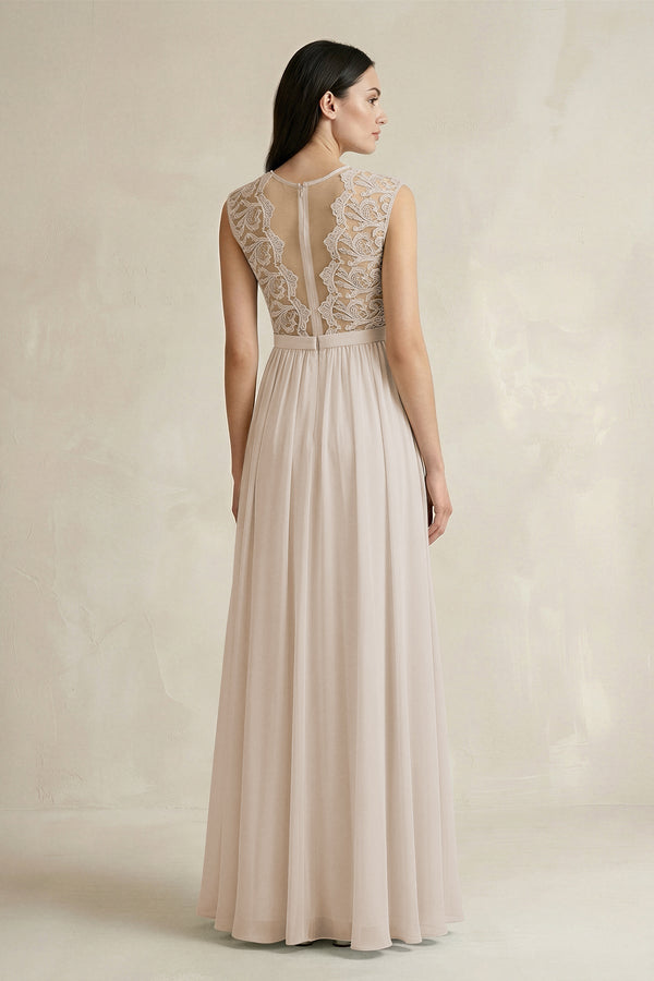 Lace Chiffon A - Line Round Neck Bridesmaid Dress in Frost - KissProm Bridesmaid Dresses