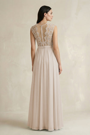 Lace Chiffon A - Line Round Neck Bridesmaid Dress in Frost - KissProm Bridesmaid Dresses