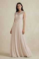 Lace Chiffon A - Line Round Neck Bridesmaid Dress in Frost - KissProm Bridesmaid Dresses