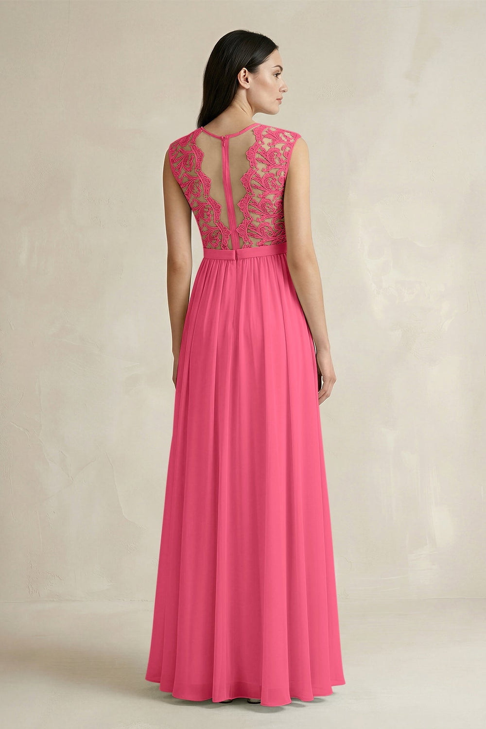 Lace Chiffon A - Line Round Neck Bridesmaid Dress in Fuchsia - KissProm Bridesmaid Dresses