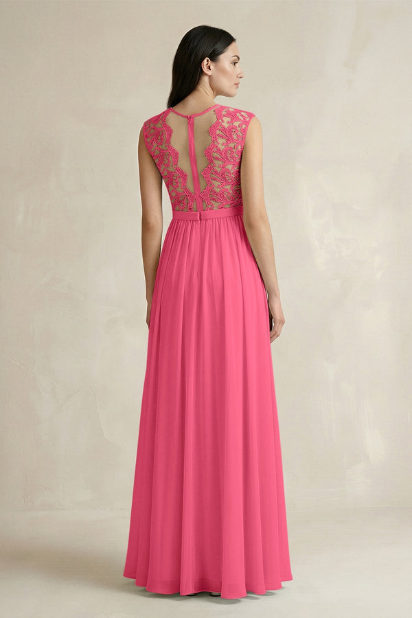 Lace Chiffon A - Line Round Neck Bridesmaid Dress in Fuchsia - KissProm Bridesmaid Dresses
