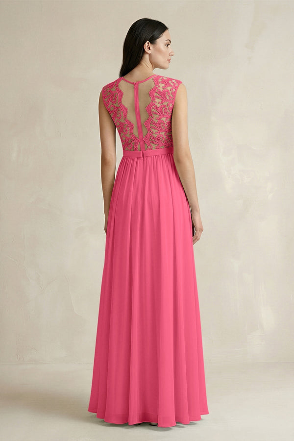 Lace Chiffon A - Line Round Neck Bridesmaid Dress in Fuchsia - KissProm Bridesmaid Dresses