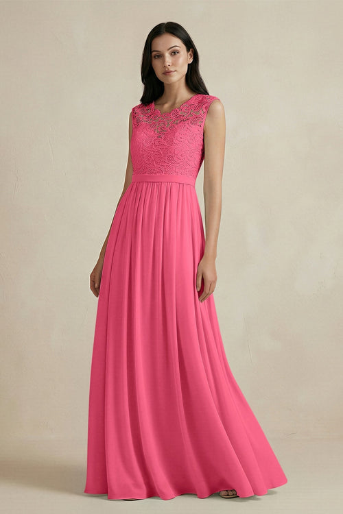 Lace Chiffon A - Line Round Neck Bridesmaid Dress in Fuchsia - KissProm Bridesmaid Dresses