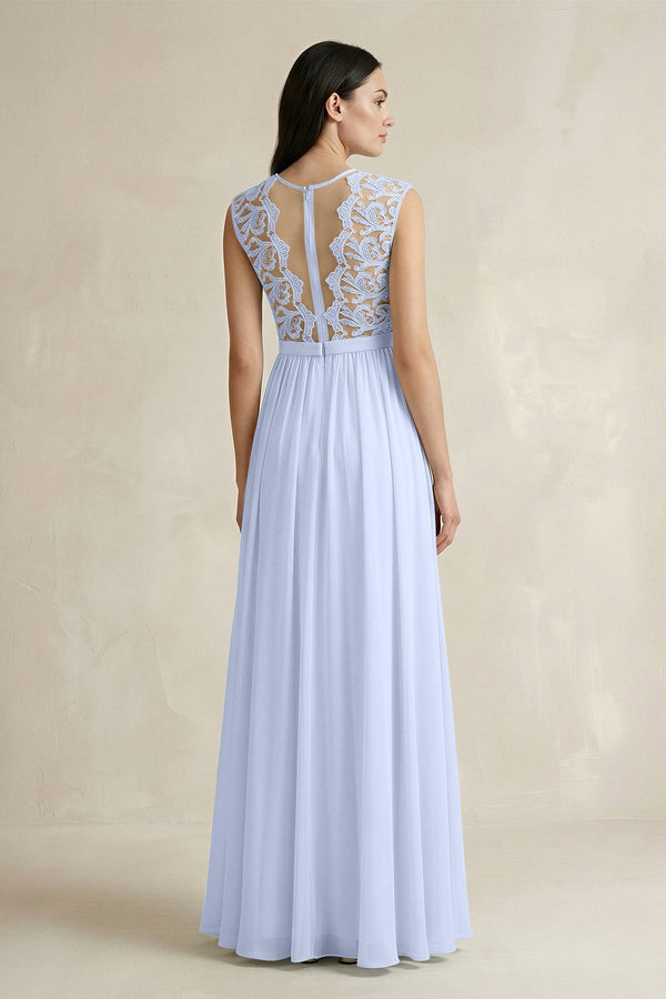Lace Chiffon A - Line Round Neck Bridesmaid Dress in Ice - KissProm Bridesmaid Dresses