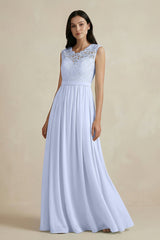 Lace Chiffon A - Line Round Neck Bridesmaid Dress in Ice - KissProm Bridesmaid Dresses