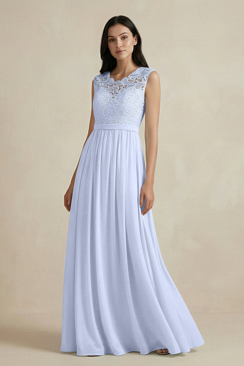 Lace Chiffon A - Line Round Neck Bridesmaid Dress in Ice - KissProm Bridesmaid Dresses