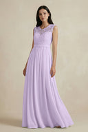Lace Chiffon A - Line Round Neck Bridesmaid Dress in Lavender - KissProm Bridesmaid Dresses