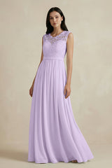 Lace Chiffon A - Line Round Neck Bridesmaid Dress in Lavender - KissProm Bridesmaid Dresses