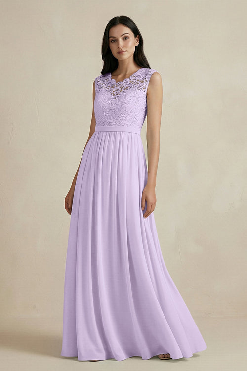 Lace Chiffon A - Line Round Neck Bridesmaid Dress in Lavender - KissProm Bridesmaid Dresses