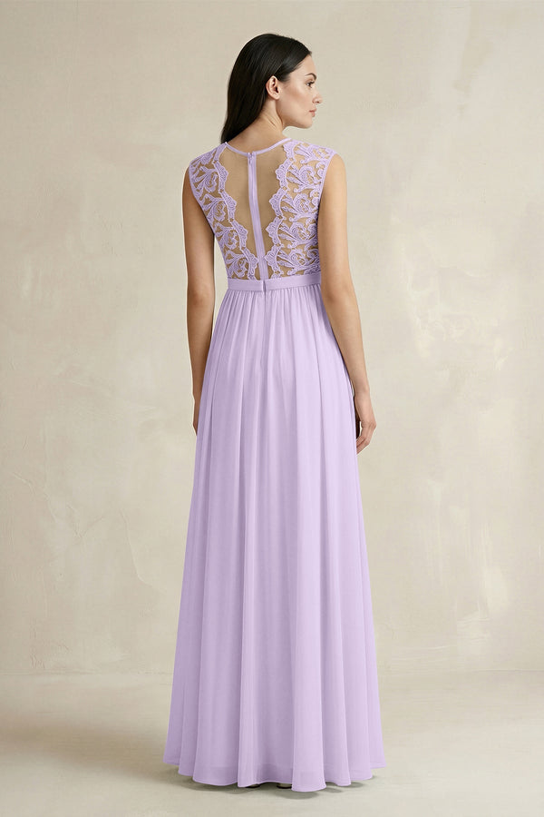 Lace Chiffon A - Line Round Neck Bridesmaid Dress in Lavender - KissProm Bridesmaid Dresses