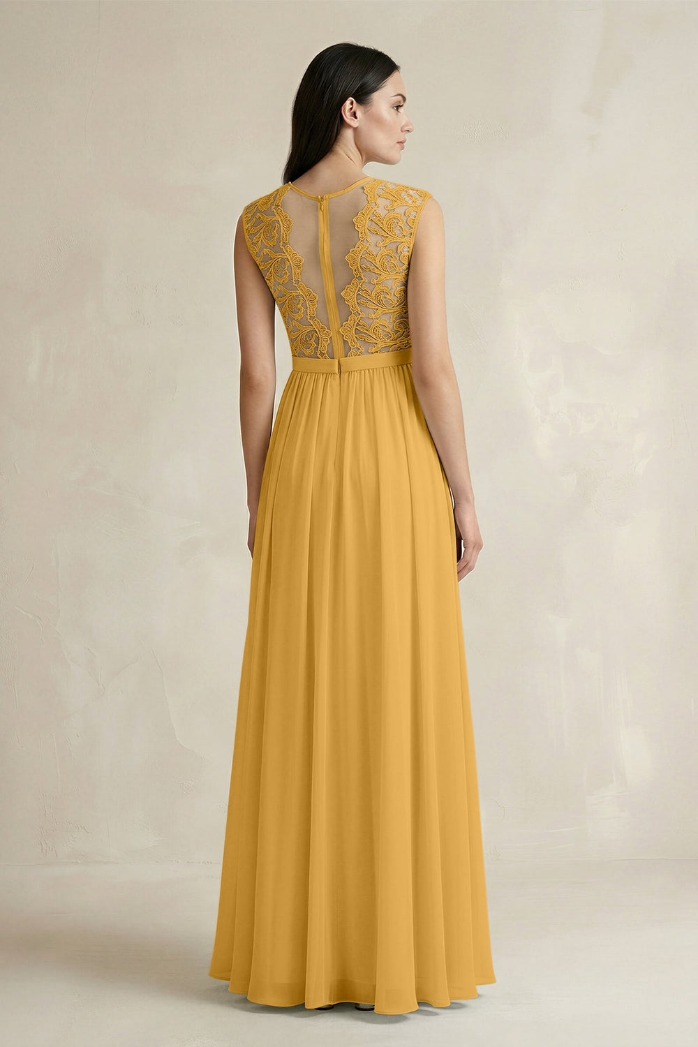Lace Chiffon A - Line Round Neck Bridesmaid Dress in Marigold - KissProm Bridesmaid Dresses