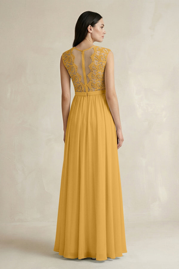 Lace Chiffon A - Line Round Neck Bridesmaid Dress in Marigold - KissProm Bridesmaid Dresses