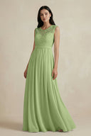 Lace Chiffon A - Line Round Neck Bridesmaid Dress in Matcha - KissProm Bridesmaid Dresses