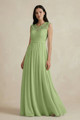 Lace Chiffon A - Line Round Neck Bridesmaid Dress in Matcha - KissProm Bridesmaid Dresses