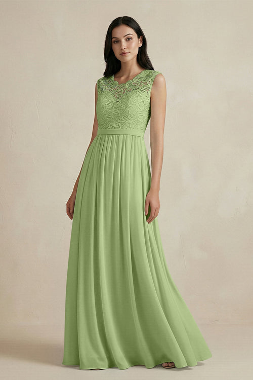 Lace Chiffon A - Line Round Neck Bridesmaid Dress in Matcha - KissProm Bridesmaid Dresses