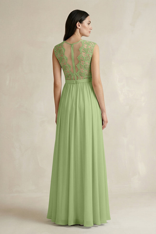 Lace Chiffon A - Line Round Neck Bridesmaid Dress in Matcha - KissProm Bridesmaid Dresses