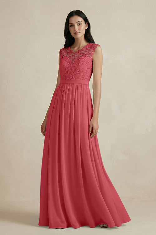 Lace Chiffon A - Line Round Neck Bridesmaid Dress in Merlot - KissProm Bridesmaid Dresses
