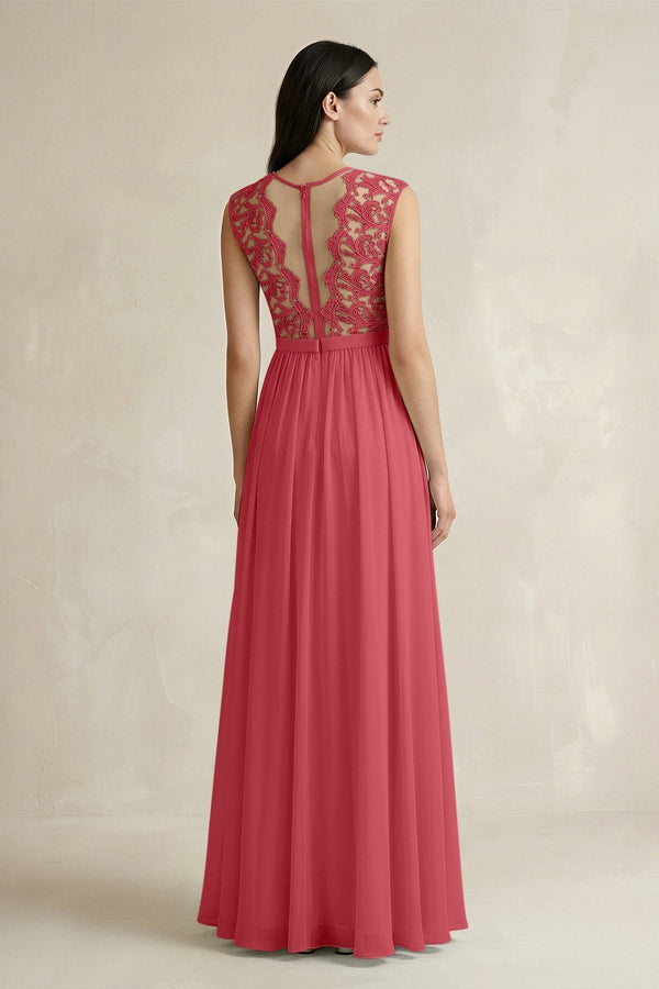 Lace Chiffon A - Line Round Neck Bridesmaid Dress in Merlot - KissProm Bridesmaid Dresses