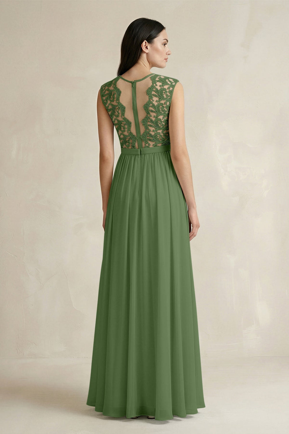 Lace Chiffon A - Line Round Neck Bridesmaid Dress in Moss - KissProm Bridesmaid Dresses