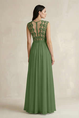 Lace Chiffon A - Line Round Neck Bridesmaid Dress in Moss - KissProm Bridesmaid Dresses