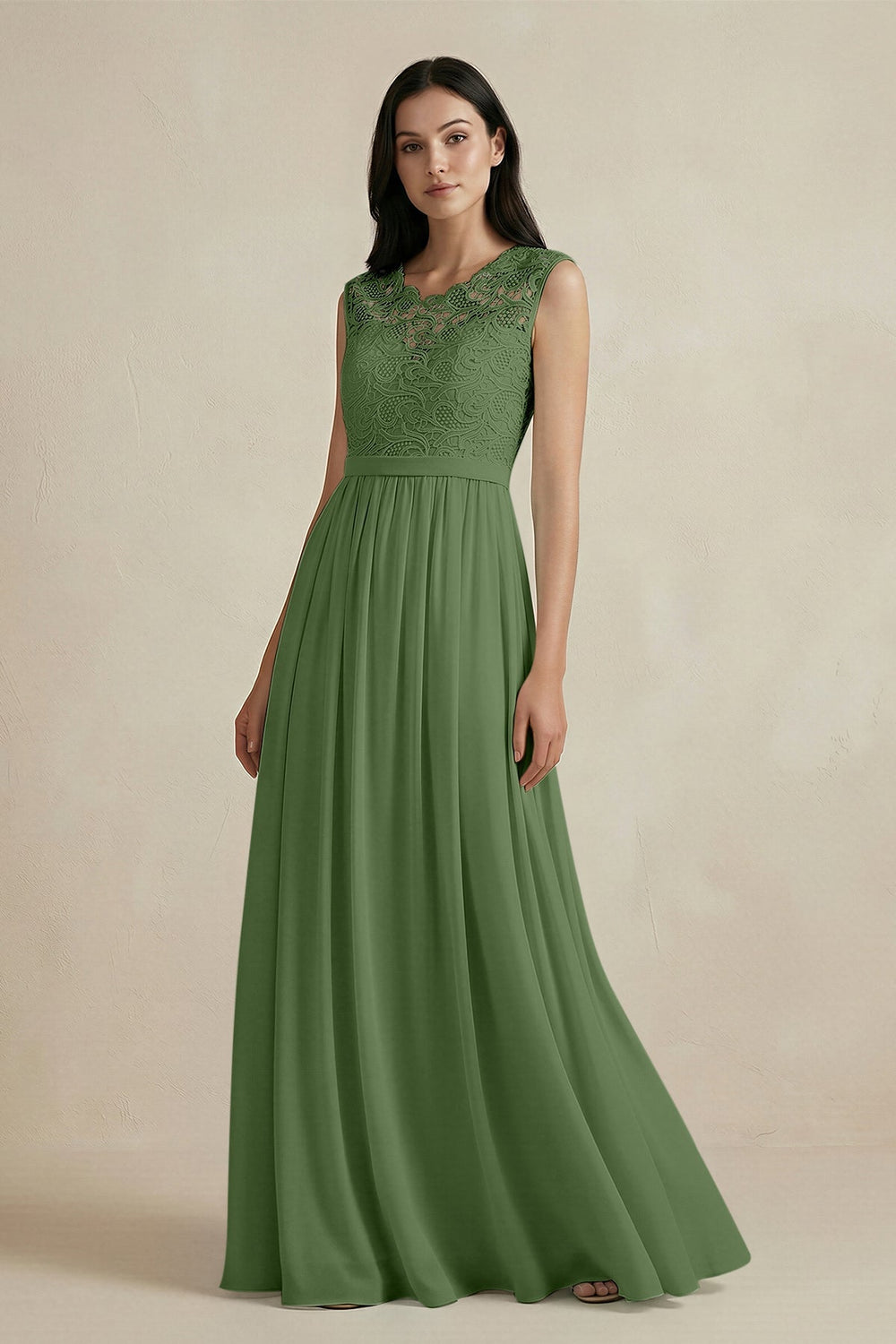 Lace Chiffon A - Line Round Neck Bridesmaid Dress in Moss - KissProm Bridesmaid Dresses