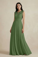 Lace Chiffon A - Line Round Neck Bridesmaid Dress in Moss - KissProm Bridesmaid Dresses