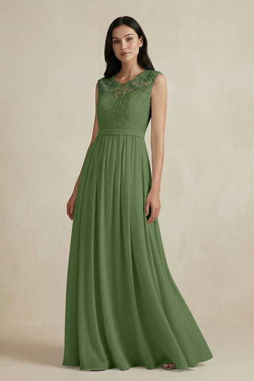 Lace Chiffon A - Line Round Neck Bridesmaid Dress in Moss - KissProm Bridesmaid Dresses