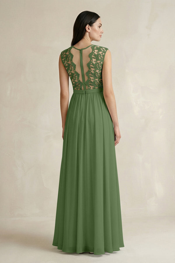 Lace Chiffon A - Line Round Neck Bridesmaid Dress in Moss - KissProm Bridesmaid Dresses