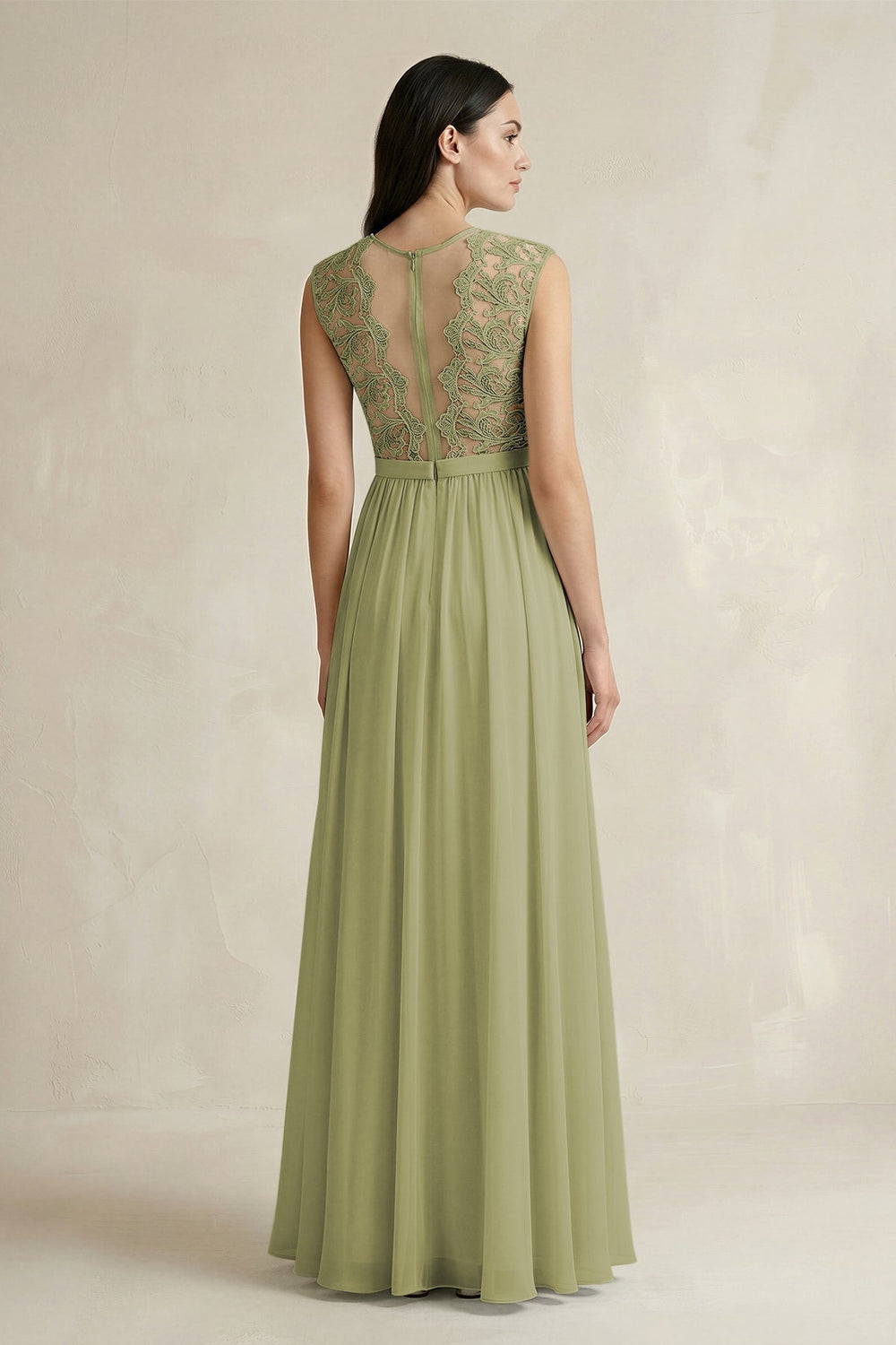 Lace Chiffon A - Line Round Neck Bridesmaid Dress in Moss Green - KissProm Bridesmaid Dresses