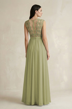 Lace Chiffon A - Line Round Neck Bridesmaid Dress in Moss Green - KissProm Bridesmaid Dresses