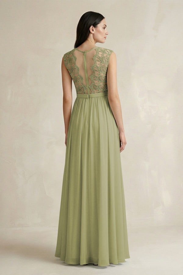 Lace Chiffon A - Line Round Neck Bridesmaid Dress in Moss Green - KissProm Bridesmaid Dresses