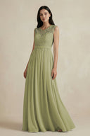 Lace Chiffon A - Line Round Neck Bridesmaid Dress in Moss Green - KissProm Bridesmaid Dresses