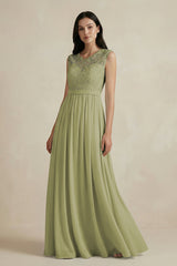 Lace Chiffon A - Line Round Neck Bridesmaid Dress in Moss Green - KissProm Bridesmaid Dresses