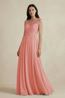 Lace Chiffon A - Line Round Neck Bridesmaid Dress in Mulberry - KissProm Bridesmaid Dresses