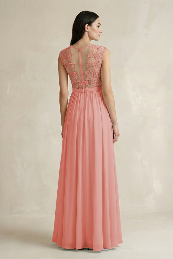 Lace Chiffon A - Line Round Neck Bridesmaid Dress in Mulberry - KissProm Bridesmaid Dresses