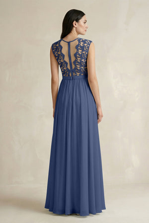 Lace Chiffon A - Line Round Neck Bridesmaid Dress in Navy - KissProm Bridesmaid Dresses